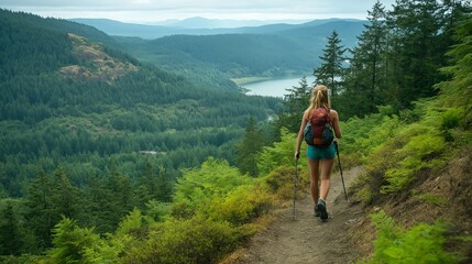 Fototapeta premium young woman hiking up a mountain trail, surrounded by lush green forests and dramatic views of the landscape