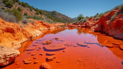 Fototapete Stunning Aerial View of Vibrant Red River in Arid Landscape, Orange Rocks and Clear Water, Nature Photography © Mokles