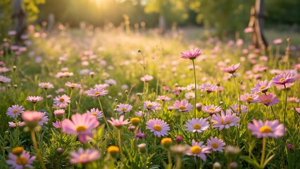 Obraz premium Serene Idyllic Meadow, Hundreds of Pink Spring Daisies in Warm Sunlight