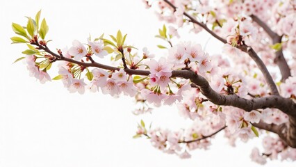 Obraz premium Majestic Curved Branch with Delicate Pale Pink Cherry Blossoms in Full Bloom, Spring Floral Design Element