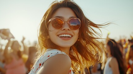 young woman on exciting outdoor music festival, with a crowd of people dancing and enjoying live performances under a clear sky