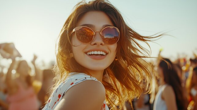 young woman on exciting outdoor music festival, with a crowd of people dancing and enjoying live performances under a clear sky