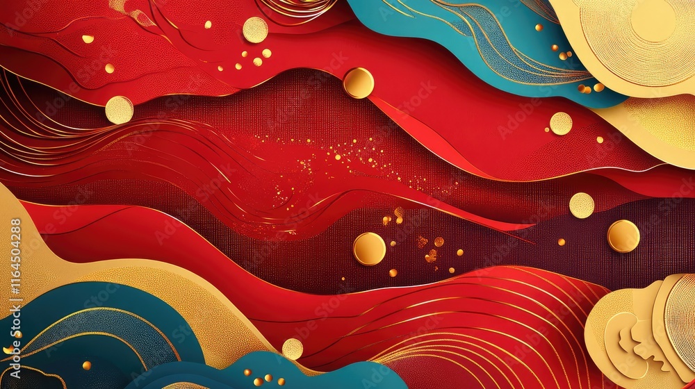 Aufkleber modern abstract design for new year with paper-cutting effects, blending vibrant red and gold patter