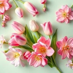 Fototapeta premium Gentle Cluster of Tulips and Gardenias, Flowing Harmoniously on a Soft Mint Green Background, Glowing with Elegance