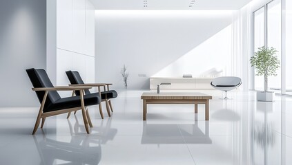 A bright and airy white interior with sleek black chairs and a modern wooden coffee table