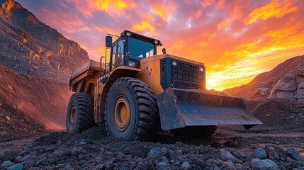 Obraz premium Powerful mining truck at sunset in quarry.
