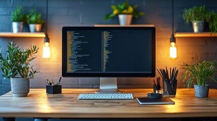 Computer displaying code on wooden desk in cozy home office.