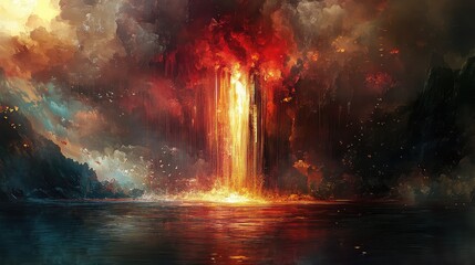 Modern abstract Feng Shui elements, blending water, earth, fire, and wood with red and gold highlights.