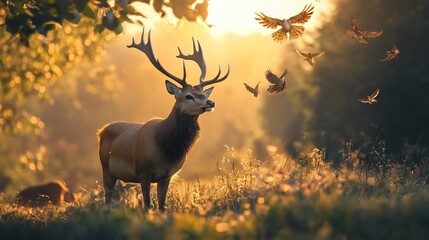 Deer stands in a field with a flock of birds flying overhead. The scene is peaceful and serene, with the deer and birds coexisting in harmony