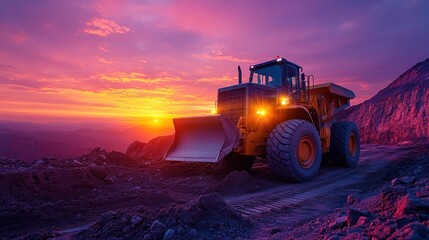 Powerful mining dump truck at sunset.