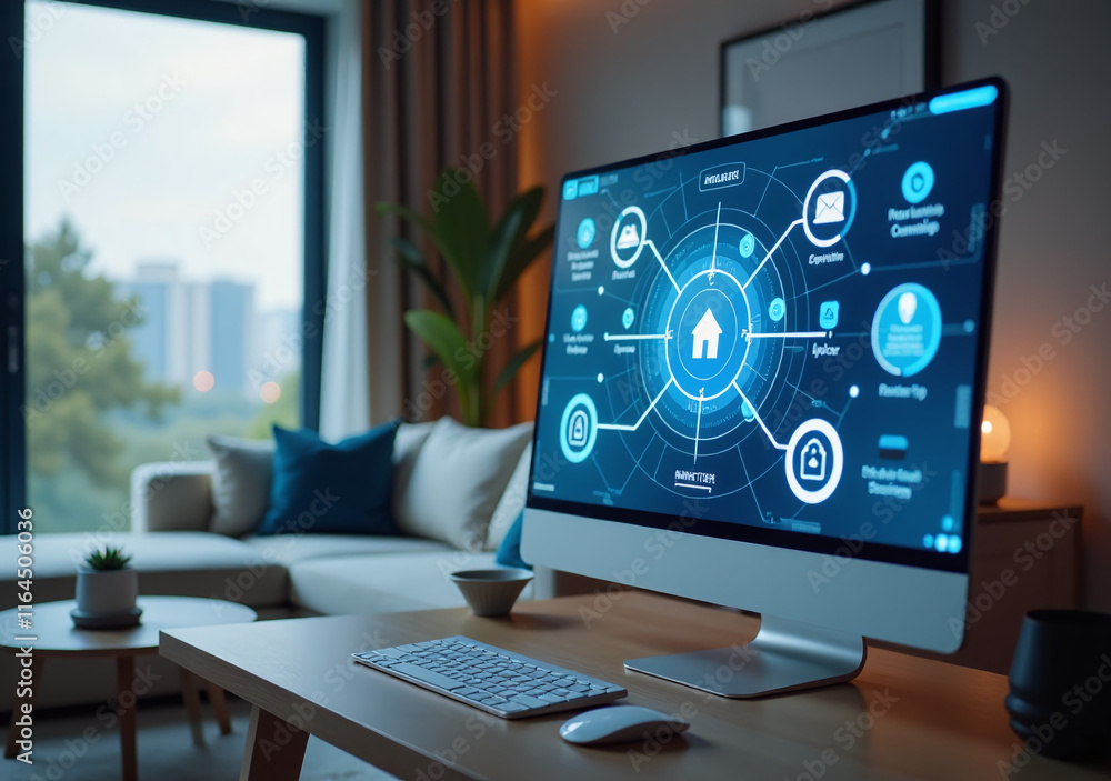 Poster digital hologram ai powers smart home features modern living rooms virtual reality interfaces intera