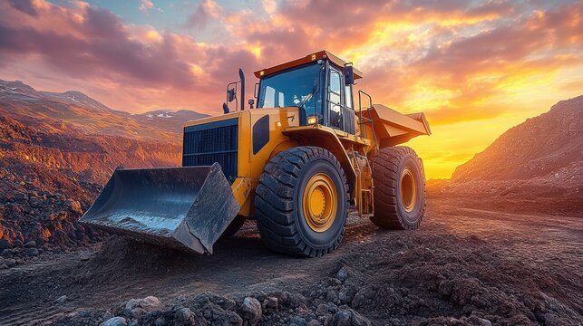 Yellow articulated dump truck at sunset in a quarry.