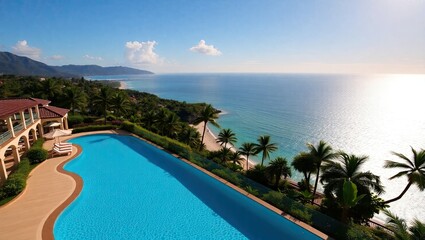 Fototapeta premium The panoramic view from the magnificent exotic hotel resort offers a breathtaking picture of glittering azure sea, lush tropical gardens, and elegant infinity pool in the early morning light of a warm