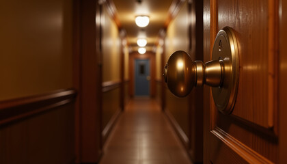 Obraz premium Long and inviting hallway leading to various doors framed by warm lighting in a cozy establishment