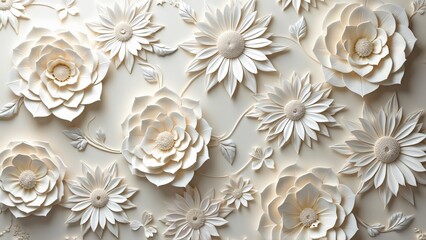 Intricate 3D Paper Flower Wallpaper, Vintage Romance Floral Design, Cream & White Textured Background