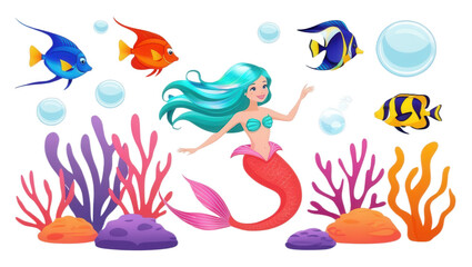 Underwater adventure colorful mermaid and fish in a vibrant coral reef scene