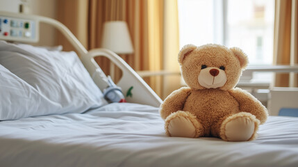 Plush teddy bear sitting quietly on hospital bed, providing emotional support within stark medical space, representing childhood resilience