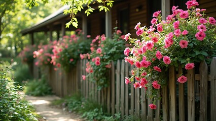 Vibrant Pink Flowers Cascading Over Rustic Wooden Fence at Cabin Retreat, A Summer Morning Scene