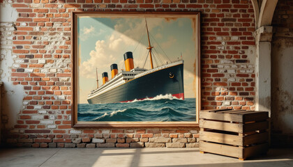 Majestic ocean liner sails through time, captured in an artful frame against a rustic backdrop