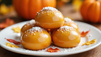 Delightful pumpkin-shaped sweets adorned with sugar in a cozy autumn setting
