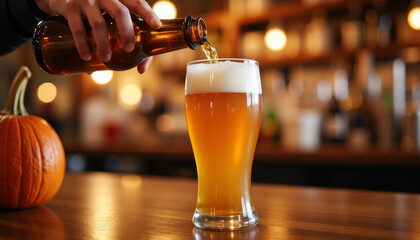 Craft beer pouring into a glass with a pumpkin in the foreground at a cozy bar atmosphere during autumn