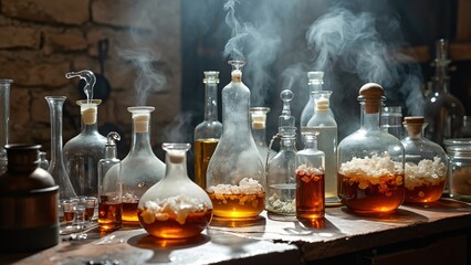 Mystical Alchemy, Steaming Glass Bottles with Aromatic Elixirs, Potions and Concoctions on Wooden Table