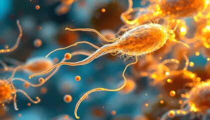 orange rod-shaped bacteria with flagella, depicted in a blue, fluid-like environment, emphasizing movement and detail.