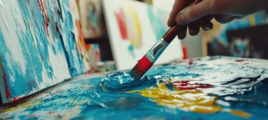 Fototapeta premium Artist s Hand Delicately Blends Vibrant Oil Paints on a Palette Amongst Colorful Canvases Close Up