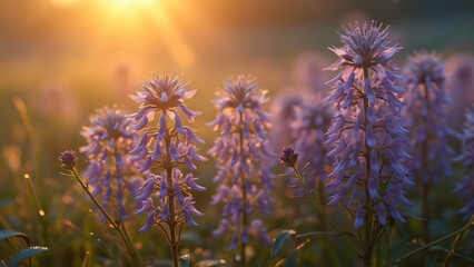 Obraz premium Sunrise Meadow, Delicate Purple Star-Shaped Flowers with Intricate Stems and Dewy Grass