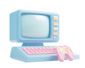 Isolated Blue Computer with Pink Keyboard and Gamepad