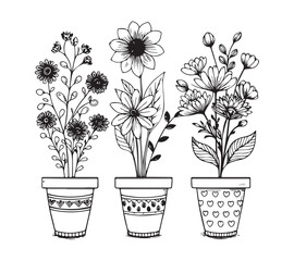 Black and white Set of continuous one line drawing of a flowers in a pots