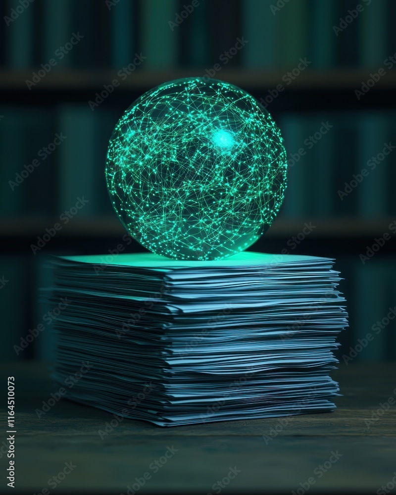 Aufkleber glowing sphere on stack of papers representing data connections