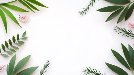 Green Leaves and Pink Flowers Frame White Background