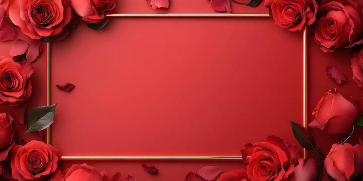 Red Rose Romance: A luxurious, romantic background featuring a golden frame encircled by lush red roses and scattered petals. Perfect for Valentine's Day, wedding invitations, or any romantic project. - Powered by Adobe
