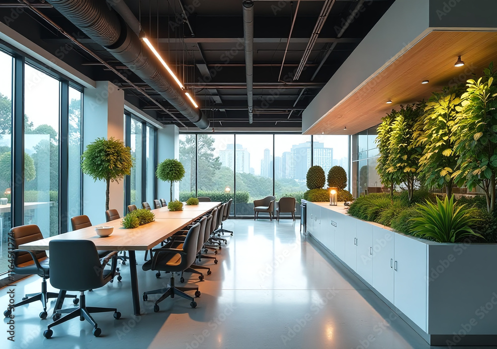 Poster modern office combines sleek design smart tech living green spaces powered advanced artificial intel
