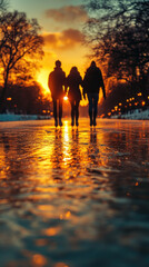 Fototapeta premium lively winter scene of friends ice skating on a frozen pond, decorated with Christmas lights and a snow-covered landscape, perfect for an energetic smartphone wallpaper