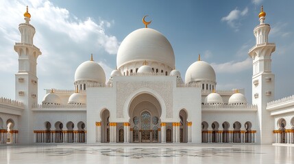 Majestic white mosque with intricate details under a bright sky.