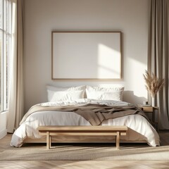 A white bed with a brown blanket and pillows. A wooden bench is next to the bed