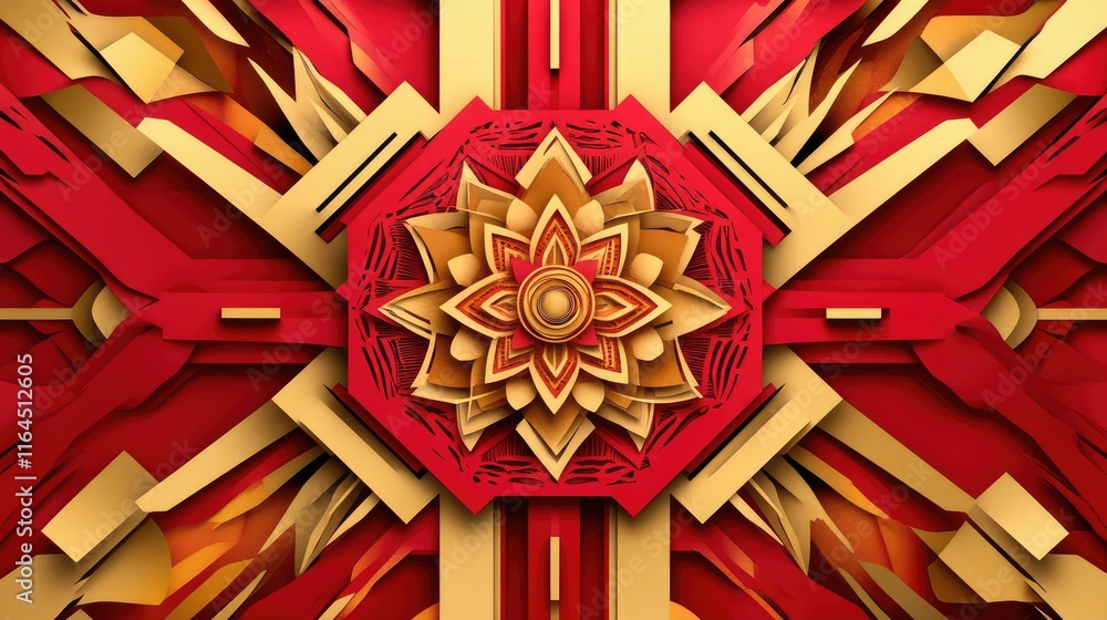 Fototapete Modern abstract paper-cutting New Year composition with symmetrical red and gold patterns and bold textures.