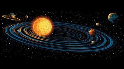 Obraz premium Vibrant illustration of a solar system with a star at its center, surrounded by planets and rings.