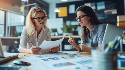 Professional businesswomen reviewing paperwork, collaborating during workplace meeting
