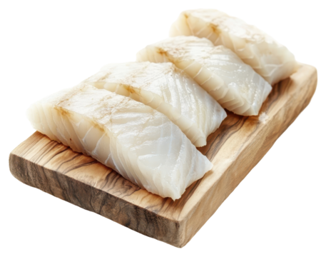 Isolated Four Raw Cod Fillets on Olive Wood Board