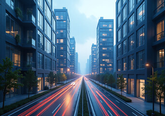 Obraz premium smart city buildings wire mesh automated systems using binary code showcase urban tech advancements