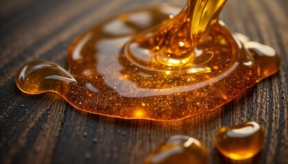 Amber liquid flowing on a wooden surface with glowing particles in a warm setting