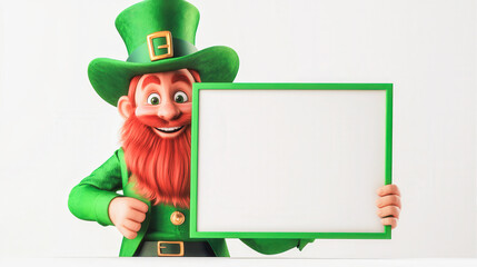 A green leprechaun holding a white sign