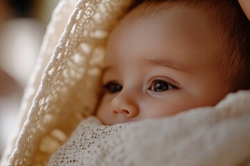 A beautifully captured moment of an infant gazing thoughtfully while wrapped in a delicate blanket, evoking deep emotions of reflection and tenderness.