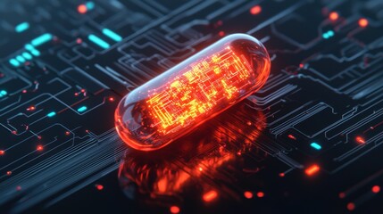 Obraz premium Futuristic Digital Capsule with Neon Glow on Circuit Background