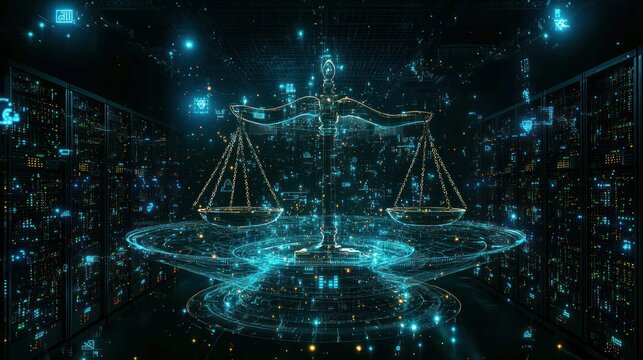 Digital scales of justice in server room.