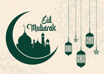 Eid banner design. Eid Mubarak Islamic New Year background template. With moon, star, lantern and mosque. Eid ul-Fitr, Eid ul-Adha.