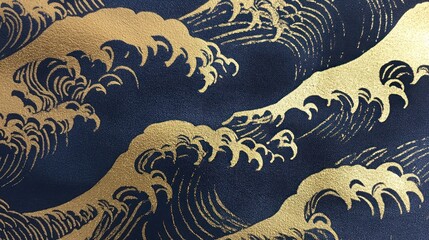 Gold wave pattern on dark blue fabric.